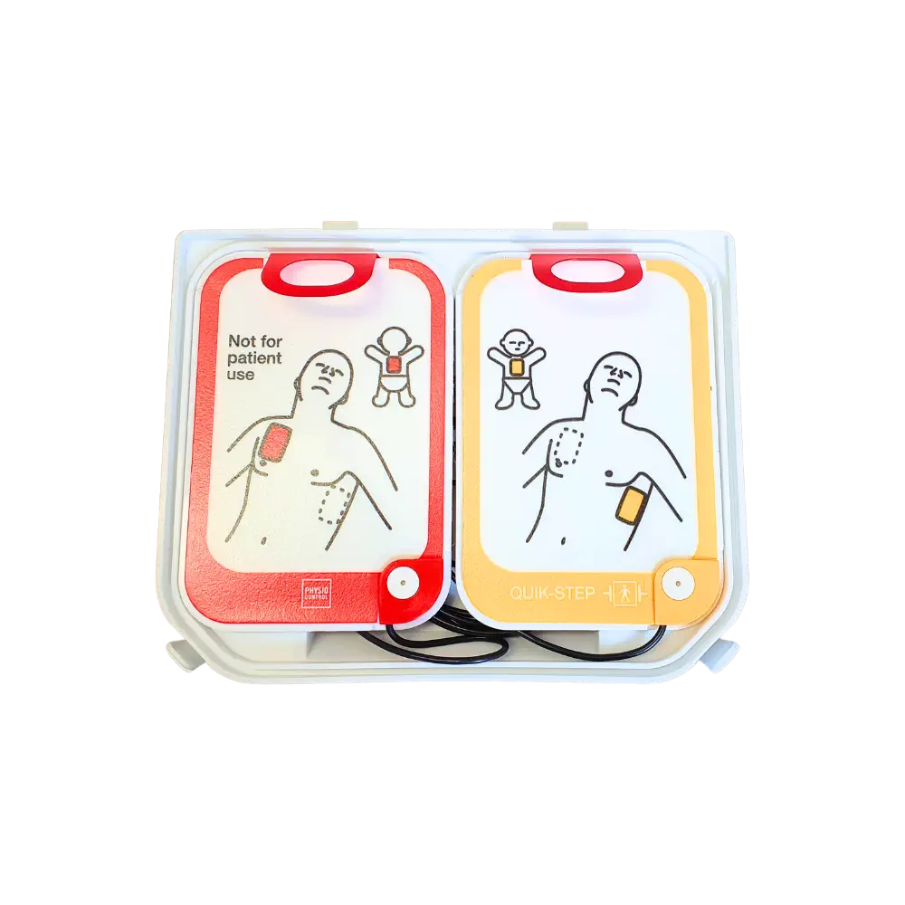 Physio Control LIFEPAK CR2 AED Trainer QUIK-STEP Trainingselektroden Ablage mit QUIK-STEP Trainingselektroden mit Drucksensor Physio Control LIFEPAK CR2 AED Trainer QUIK-STEP Trainingselektroden in Ablage offen